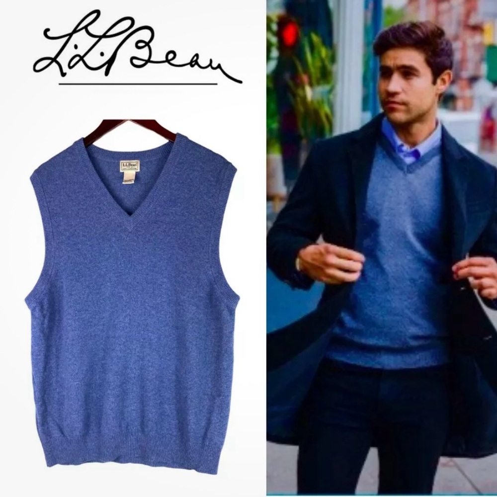 LL Bran Men's Blue  Lambs  Wool v-Neck  SweaterVest SzL  Casual